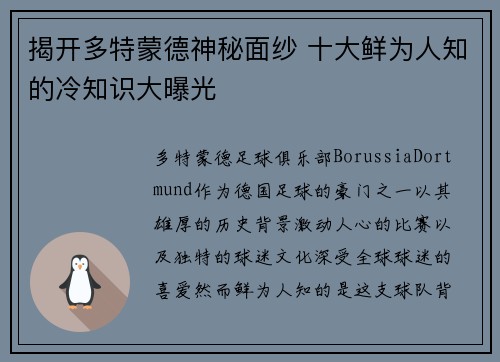揭开多特蒙德神秘面纱 十大鲜为人知的冷知识大曝光